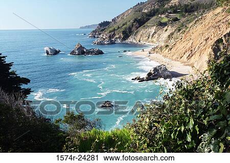 Stock Image - High angle view of rock formations in the sea, Julia Pfeiffer Burns State Park, California, USA. Fotosearch