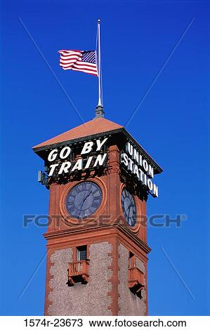 Low angle view of an American flag on a clock tower, Union Station, Portland, Oregon, USA View Large Photo Image Stock Image - Low angle view of an American flag on a clock tower, Union Station, Portland, Oregon, USA. Fotosearch
