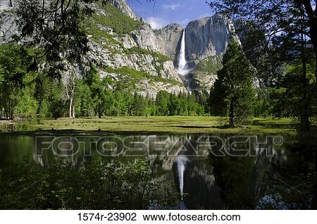 Reflection of mountain and waterfall in a river, Upper Yosemite Falls, Yosemite National Park, California, USA View Large Photo Image Stock Image - Reflection of mountain and waterfall in a river, Upper Yosemite Falls, Yosemite National Park, California, USA. Fotosearch