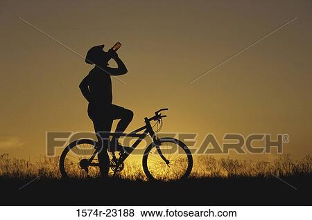 Silhouette of a man drinking water on a bicycle View Large Photo Image Stock Photo - Silhouette of a man drinking water on a bicycle. Fotosearch