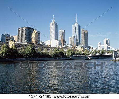 Stock Photography - Skyscrapers on the waterfront, Yarra River, Melbourne, Australia. Fotosearch