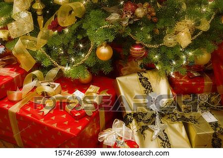 Close-up of Christmas presents in front of a Christmas tree View Large Photo Image Stock Photo - Close-up of Christmas presents in front of a Christmas tree. Fotosearch