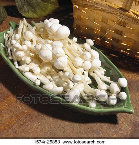 Stock Image - Close-up of Enoki mushrooms on a tray. Fotosearch