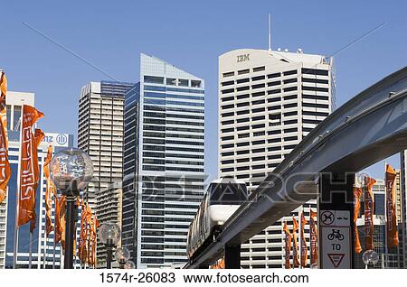 Low angle view of a monorail on a railroad track, Darling Harbor, Sydney, Australia View Large Photo Image Stock Image - Low angle view of a monorail on a railroad track, Darling Harbor, Sydney, Australia. Fotosearch