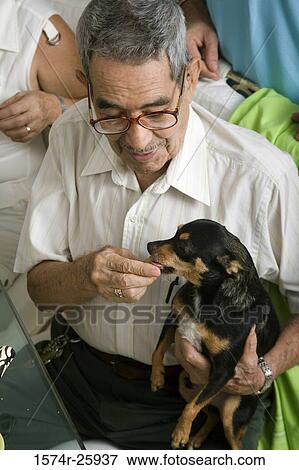 Stock Photo - Senior man feeding a dog. Fotosearch