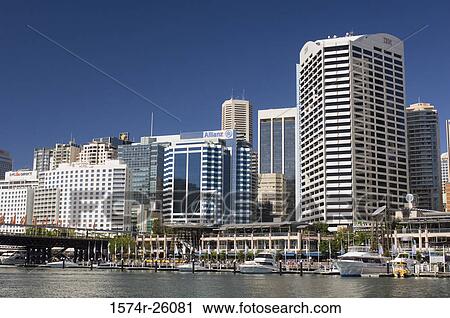 Stock Image - Skyscrapers on the waterfront, Darling Harbor, Sydney, Australia. Fotosearch