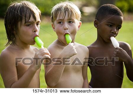 Bare chested boys eating flavored ice View Large Photo Image Stock Image - Bare chested boys eating flavored ice. Fotosearch