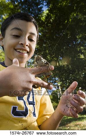 Boy holding a frog on his fingers at forest View Large Photo Image Stock Photo - Boy holding a frog on his fingers at forest. Fotosearch