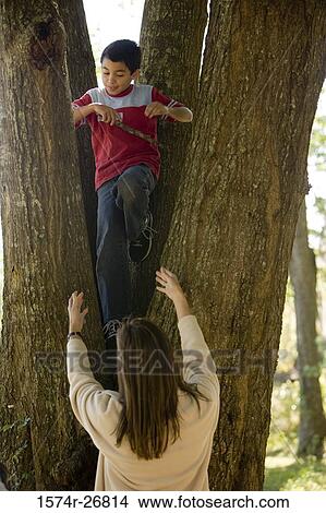 Boy standing on tree trunks and his mother standing below View Large Photo Image Picture - Boy standing on tree trunks and his mother standing below. Fotosearch