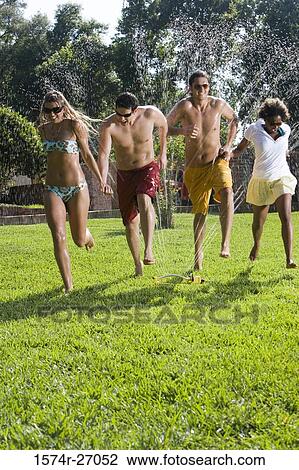 Cheerful friends enjoying with water sprinkler on lawn View Large Photo Image Stock Image - Cheerful friends enjoying with water sprinkler on lawn. Fotosearch