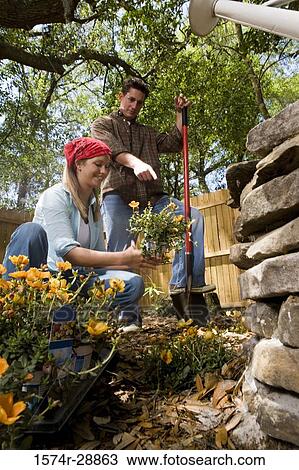 Cheerful young woman holding plant while young man standing with shovel View Large Photo Image Stock Image - Cheerful young woman holding plant while young man standing with shovel. Fotosearch