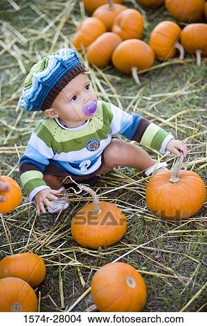 Cute boy sucking pacifier in warm clothing sitting amid pumpkins View Large Photo Image Picture - Cute boy sucking pacifier in warm clothing sitting amid pumpkins. Fotosearch