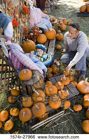 Father with his son by scarecrow amid pumpkins View Large Photo Image Stock Photograph - Father with his son by scarecrow amid pumpkins. Fotosearch