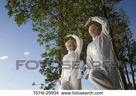 Picture - Low angle view of mature couple practicing martial arts. Fotosearch