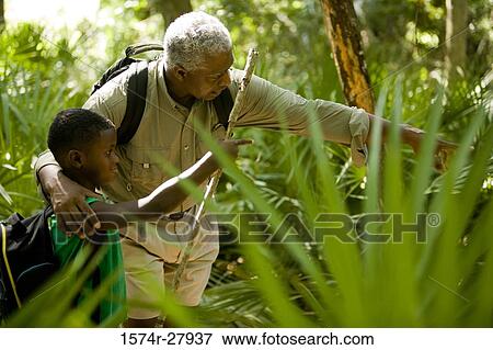 Stock Photo - Mature man walking with his son at forest. Fotosearch