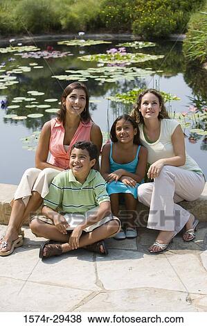 People sitting together by pond and smiling View Large Photo Image Stock Photo - People sitting together by pond and smiling. Fotosearch