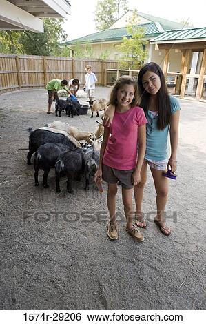 Stock Photograph - Portrait of a cheerful teenage girls standing with arms crossed in petting zoo with friends grooming goats in the background. Fotosearch