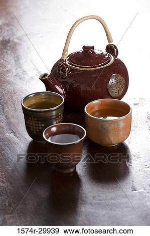 Teapot and tea cups kept on the table View Large Photo Image Stock Photo - Teapot and tea cups kept on the table. Fotosearch