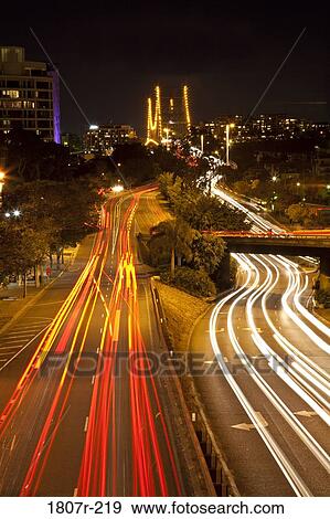 Australia, Brisbane, traffic at night View Large Photo Image Stock Photo - Australia, Brisbane, traffic at night. Fotosearch