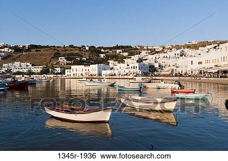 Stock Photograph - Boats in the sea, Mykonos Town, Mykonos, Cyclades Islands, Greece. Fotosearch