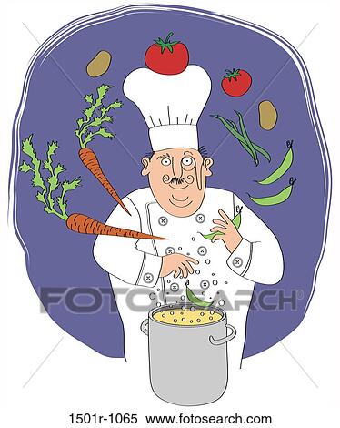 Stock Photography - Chef juggling vegetables, pot with food in the foreground. Fotosearch