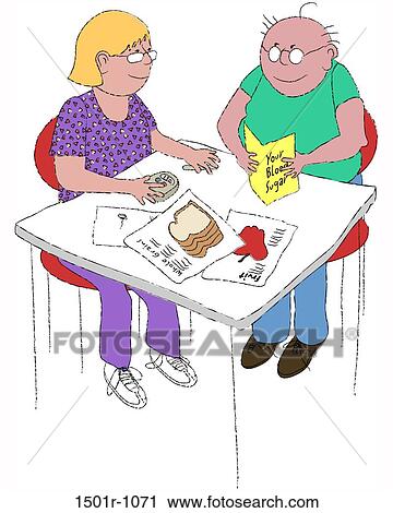 Couple sitting, woman doing blood sugar test and man reading leaflet about sugar in blood, illustration View Large Photo Image Stock Image - Couple sitting, woman doing blood sugar test and man reading leaflet about sugar in blood, illustration. Fotosearch