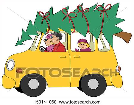 Stock Photo - Family driving car with Christmas tree, illustration. Fotosearch