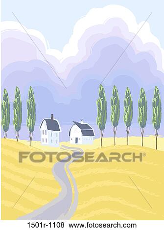 Farm and wheat fields, illustration View Large Photo Image Stock Photo - Farm and wheat fields, illustration. Fotosearch
