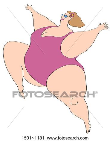Stock Image - Happy overweight woman in swimsuit jumping. Fotosearch