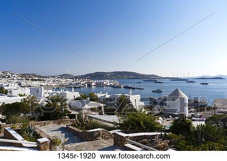 High angle view of a cityscape, Mykonos Town, Mykonos, Cyclades Islands, Greece View Large Photo Image Stock Image - High angle view of a cityscape, Mykonos Town, Mykonos, Cyclades Islands, Greece. Fotosearch
