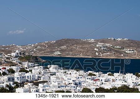 Stock Image - High angle view of a cityscape, Mykonos Town, Mykonos, Cyclades Islands, Greece. Fotosearch