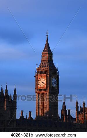 Stock Image - Low angle view of a clock tower, Big Ben, Houses Of Parliament, Thames River, City Of Westminster, London, England. Fotosearch
