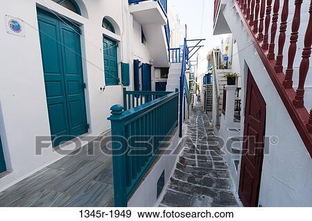 Narrow alley, Mykonos Town, Mykonos, Cyclades Islands, Greece View Large Photo Image Stock Photo - Narrow alley, Mykonos Town, Mykonos, Cyclades Islands, Greece. Fotosearch