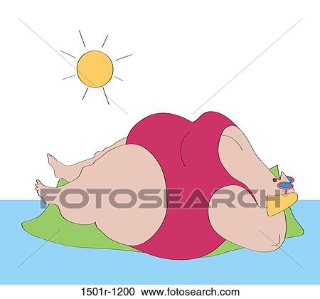Stock Image - Overweight woman in swimsuit sunbathing on small island. Fotosearch