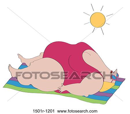Stock Image - Overweight woman in swimsuit sunbathing. Fotosearch