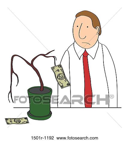 Stock Image - Sad man looking at withered plant with banknotes. Fotosearch
