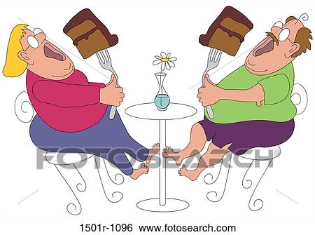 Stock Photograph - Temptation - couple eating big piece of cake, illustration. Fotosearch