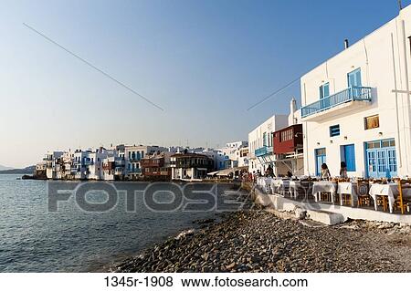 Town at the waterfront, Little Venice, Mykonos Town, Mykonos, Cyclades Islands, Greece View Large Photo Image Stock Photo - Town at the waterfront, Little Venice, Mykonos Town, Mykonos, Cyclades Islands, Greece. Fotosearch