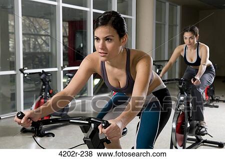 Two young women cycling in a gym View Large Photo Image Stock Photo - Two young women cycling in a gym. Fotosearch