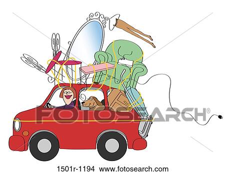Woman driving car loaded with furniture View Large Photo Image Picture - Woman driving car loaded with furniture. Fotosearch