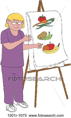 Stock Image - Woman in protective uniform showing healthy food for diabetes, illustration. Fotosearch