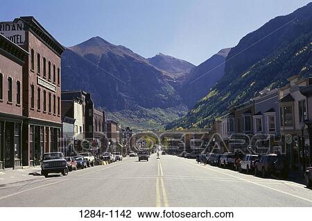 Stock Image - Buildings in quaint town, Telluride, Colorado, USA. Fotosearch