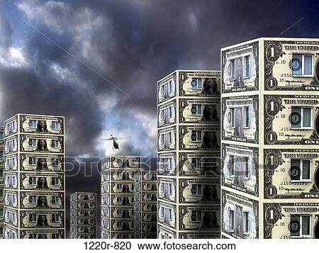 Buildings made of paper money with a helicopter flying above View Large Photo Image Stock Image - Buildings made of paper money with a helicopter flying above. Fotosearch