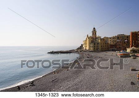 Stock Image - Buildings on the beach, Camogli, Liguria, Italy. Fotosearch