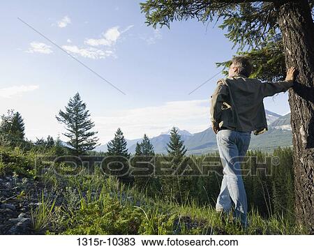 Stock Image - Canada, Alberta, Man bracing against tree in mountain meadow. Fotosearch
