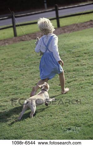 Girl playing with a puppy on the lawn View Large Photo Image Picture - Girl playing with a puppy on the lawn. Fotosearch