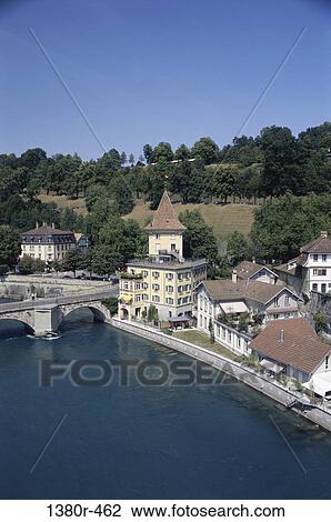 Stock Image - High angle view of a river, Bern, Switzerland. Fotosearch