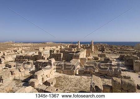High angle view of the ruins of buildings in an ancient Roman city, Sabratha, Tripolitania, Libya View Large Photo Image Stock Photo - High angle view of the ruins of buildings in an ancient Roman city, Sabratha, Tripolitania, Libya. Fotosearch