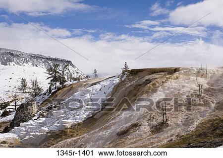 Hot spring covered with snow, Mammoth Hot Springs, Yellowstone National Park, Wyoming, USA View Large Photo Image Stock Image - Hot spring covered with snow, Mammoth Hot Springs, Yellowstone National Park, Wyoming, USA. Fotosearch