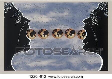 Illustration of two human faces and globes in a row near their mouths View Large Photo Image Stock Image - Illustration of two human faces and globes in a row near their mouths. Fotosearch